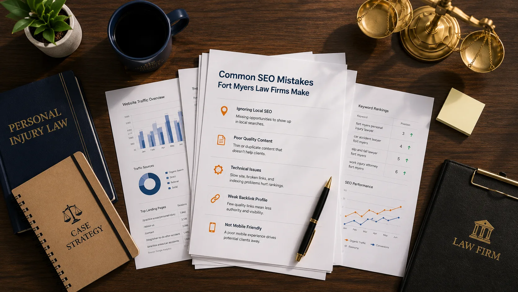 Report highlighting common SEO mistakes made by Fort Myers law firms, including technical SEO, content, and local search issues.