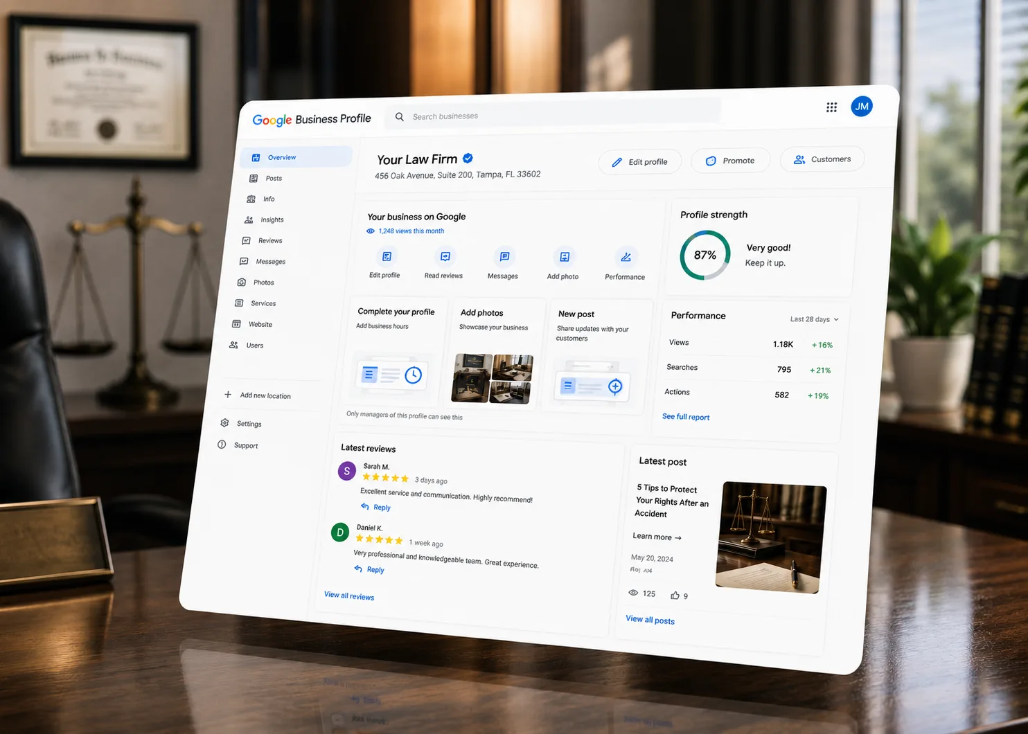 Google Business Profile dashboard for a law firm showing profile optimization, reviews, and local search performance metrics.
