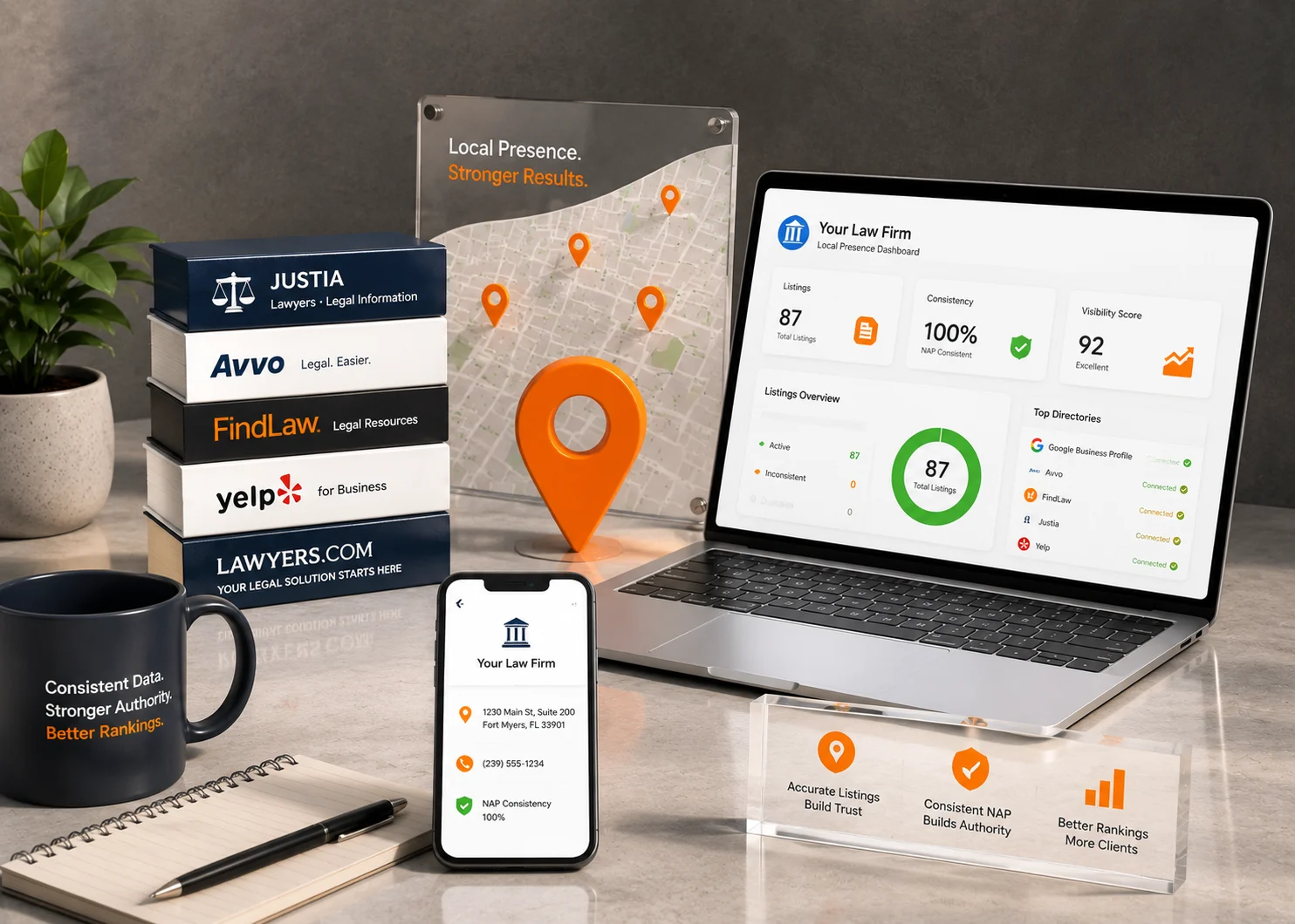  Law firm citation building and NAP consistency dashboard improving local SEO rankings across legal directories.