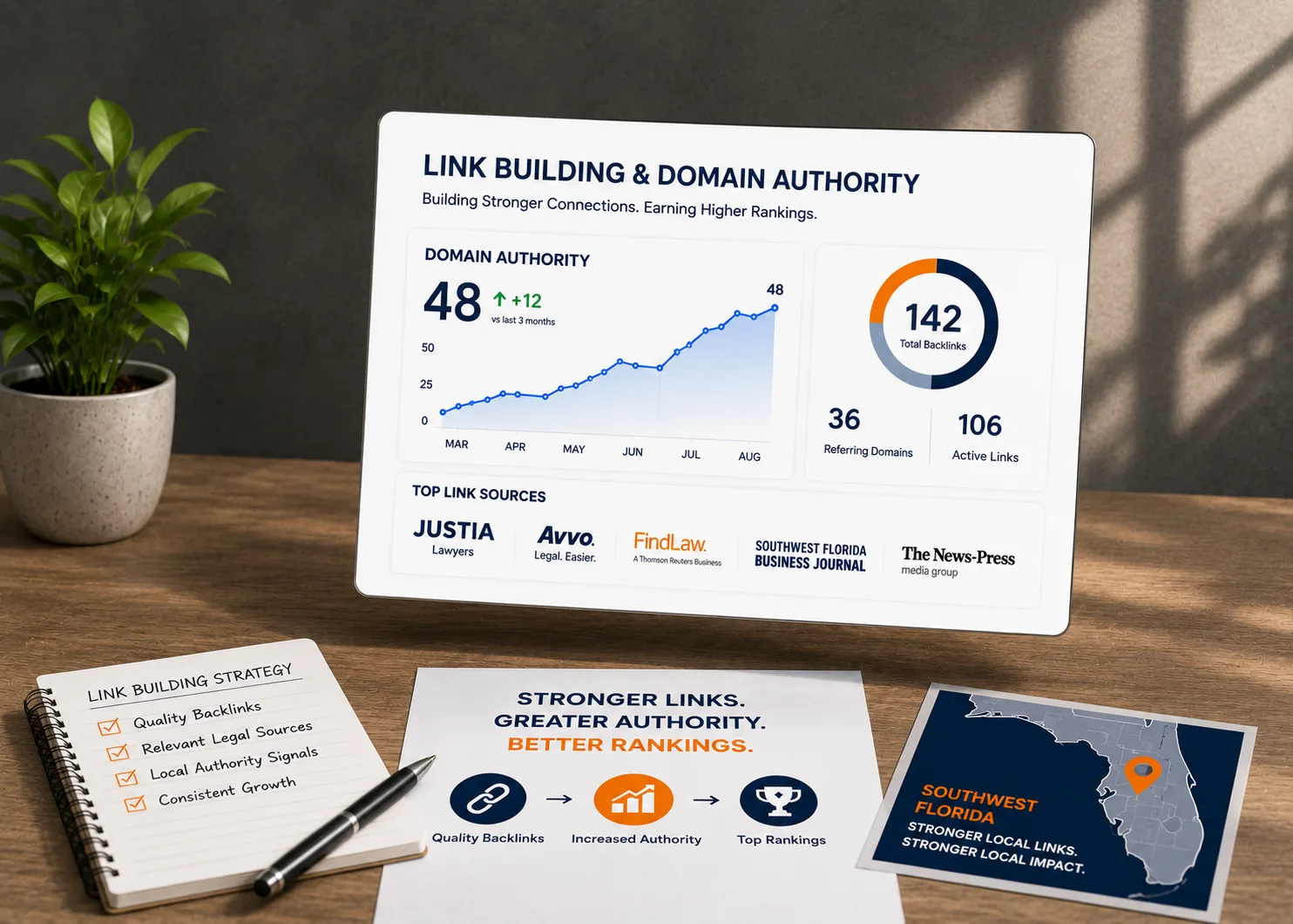 Law firm link building and domain authority dashboard showing backlink growth, referring domains, and improved SEO performance.