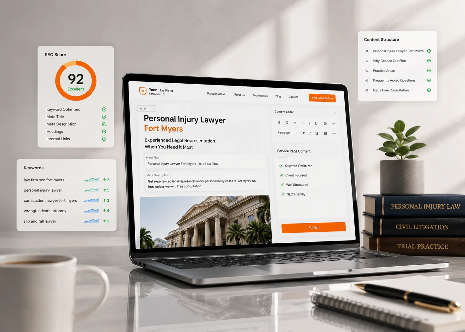  SEO-optimized legal content editor for a personal injury law firm with keyword analysis, content structure, and optimization score.