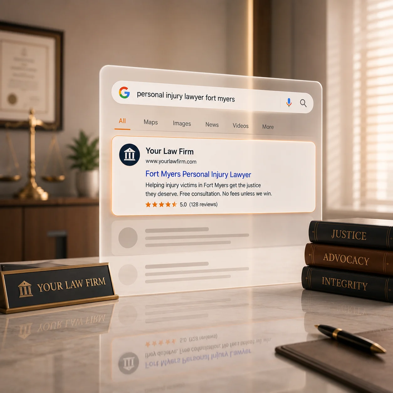 Law firm ranking at the top of Google search results for a high-intent personal injury lawyer keyword in Fort Myers.