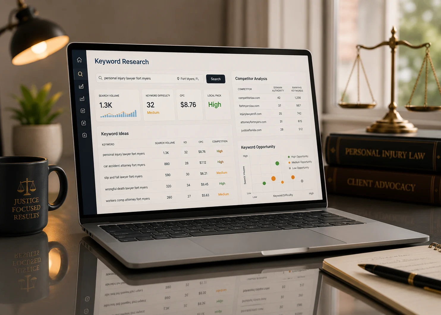  Local keyword research dashboard for a personal injury law firm showing search volume, competitor analysis, and SEO opportunities.