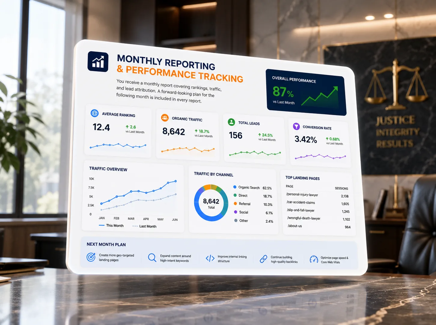 Monthly SEO reporting dashboard for a law firm showing keyword rankings, organic traffic, leads, conversions, and performance trends.