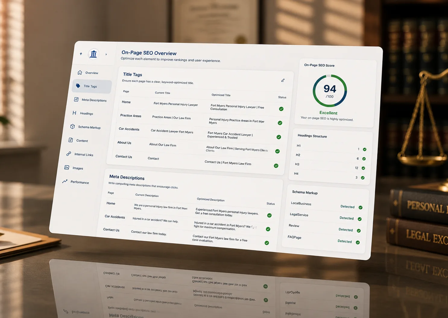 On-page SEO dashboard for a law firm showing title tags, meta descriptions, schema markup, and website optimization score.