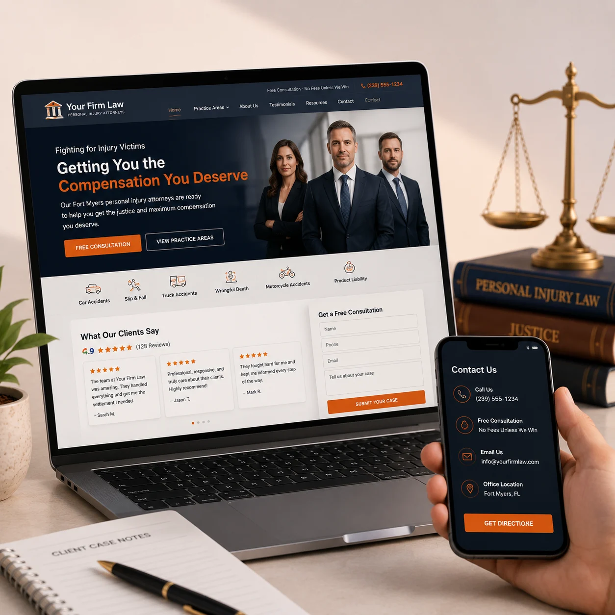 Professional personal injury law firm website with client reviews, consultation form, and mobile contact options
