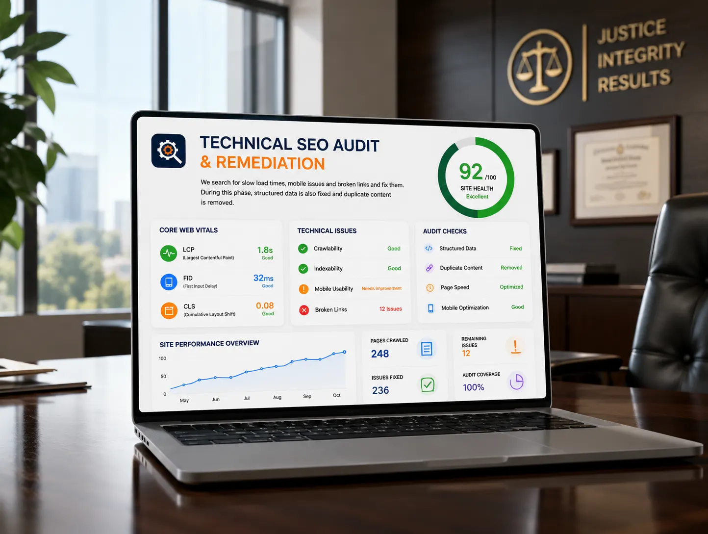 Technical SEO audit dashboard for a law firm showing Core Web Vitals, site health, crawl issues, and website optimization metrics.