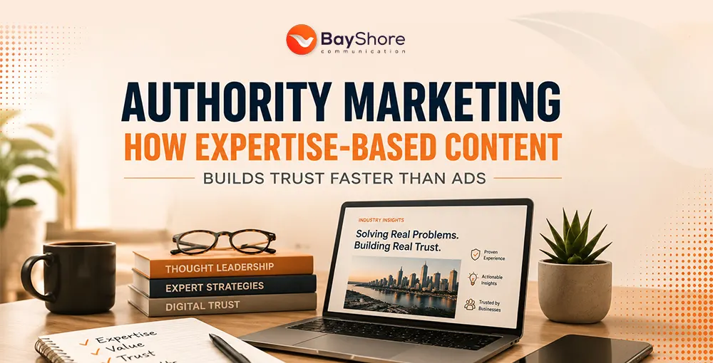 Authority marketing concept showing expertise-based content, thought leadership, and digital trust strategies for business growth
