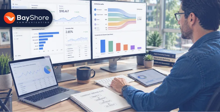 Digital marketer analyzing conversion tracking dashboards and online revenue performance metrics