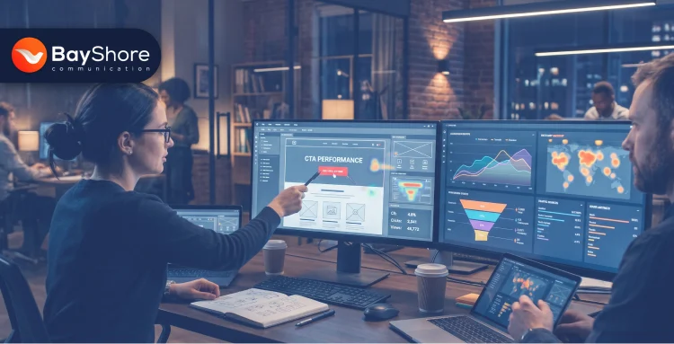 Digital marketing team analyzing CTA performance dashboards and conversion data on multiple screens