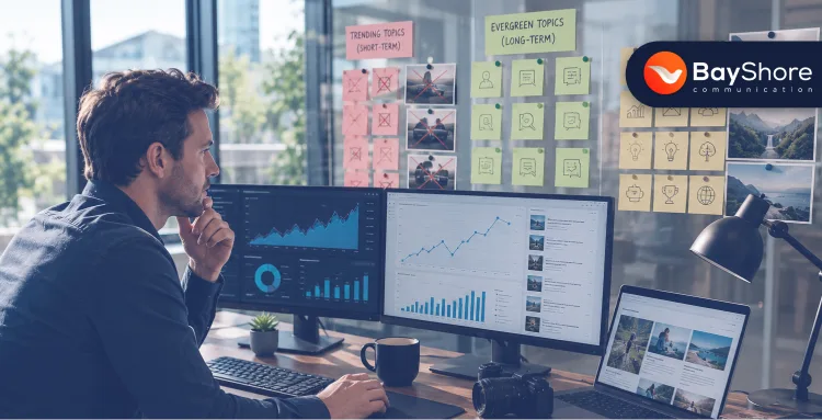 Digital marketer analyzing evergreen content strategy and blog performance analytics on multiple screens