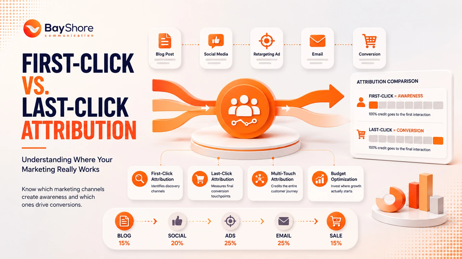 Marketing attribution comparison showing first-click, last-click, and multi-touch attribution models across the customer journey.
