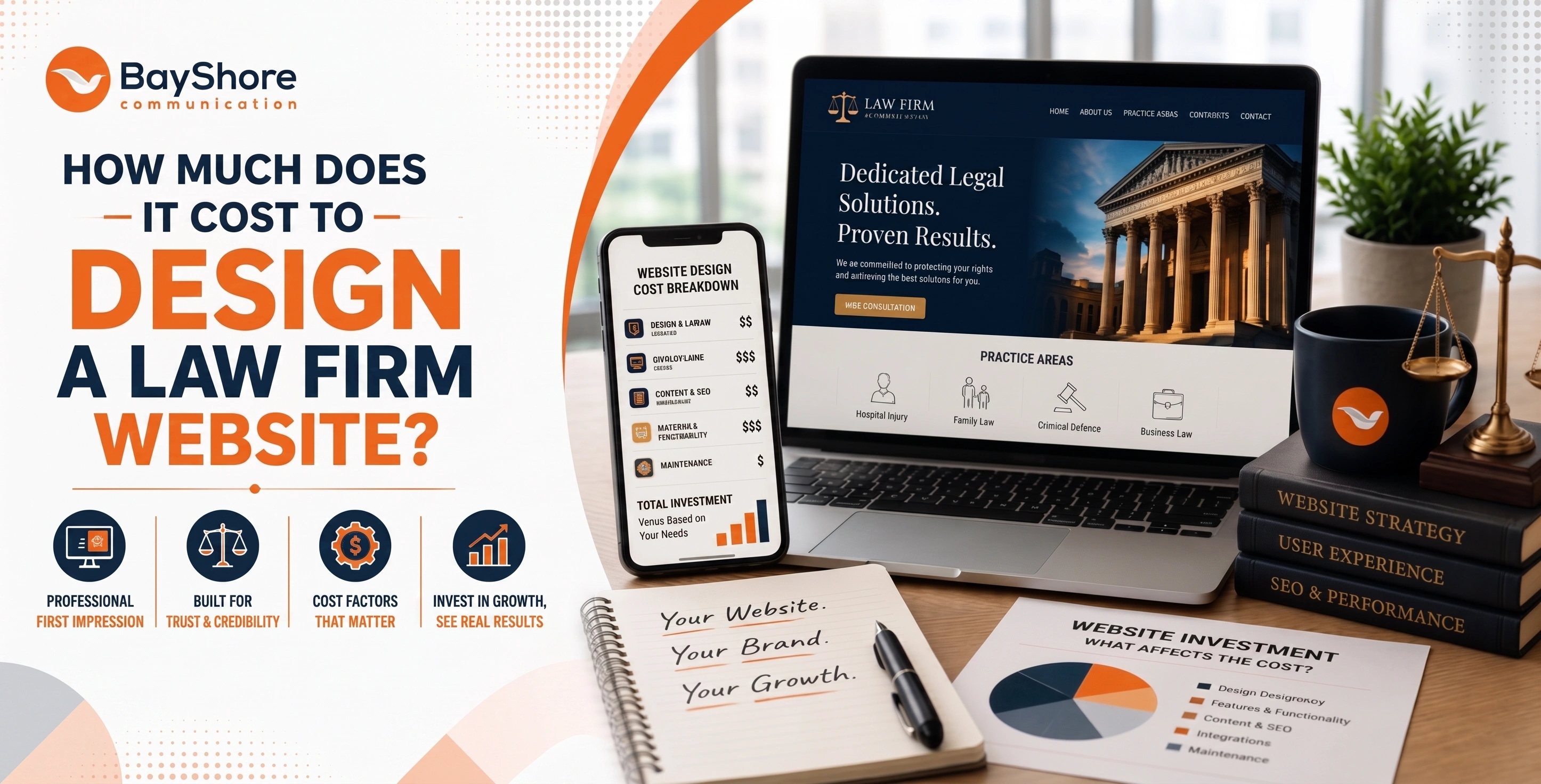 Laptop and phone displaying law firm website design with cost breakdown charts on office desk