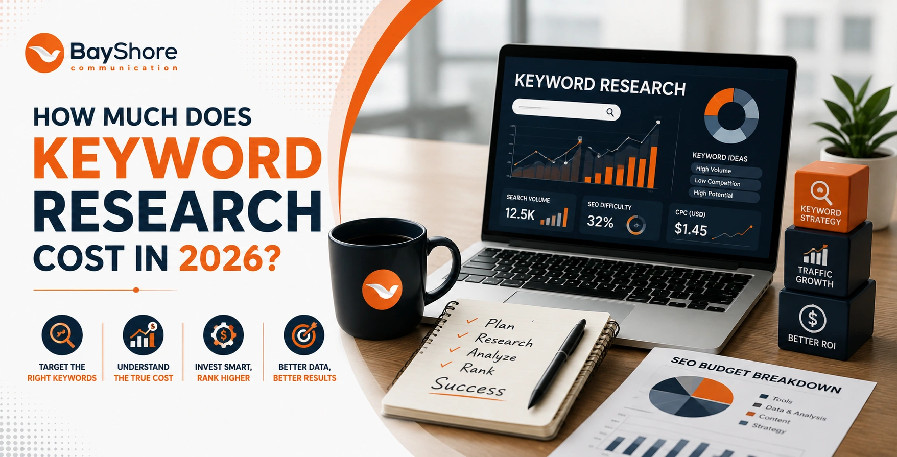 How Much Does Keyword Research Cost in 2026 Guide Laptop screen displaying SEO keyword research metrics, search volume, and budget breakdown reports on a desk.