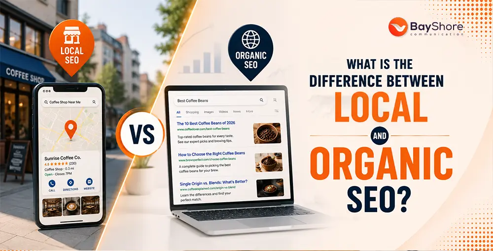 Comparison of local SEO and organic SEO showing Google Maps business listings, local search results, and organic website rankings.