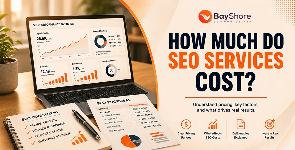 SEO services cost guide showing pricing factors, SEO performance metrics, keyword rankings, and business growth results