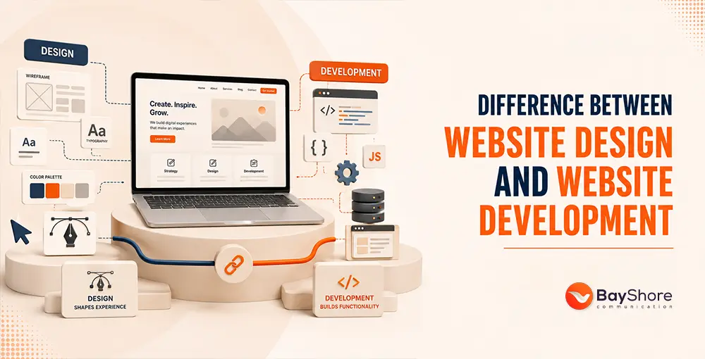 Website design and development comparison graphic showing UI design elements, wireframes, typography, coding, JavaScript, and development tools.