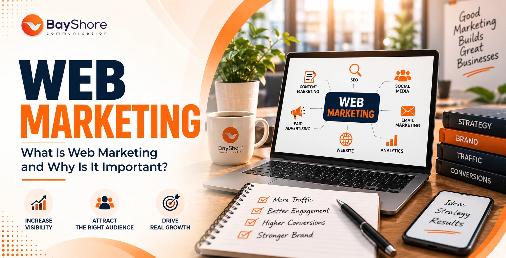 What Is Web Marketing and Why Is It Important Today? Laptop screen displaying a web marketing diagram beside a strategy notepad and coffee cup on an office desk.