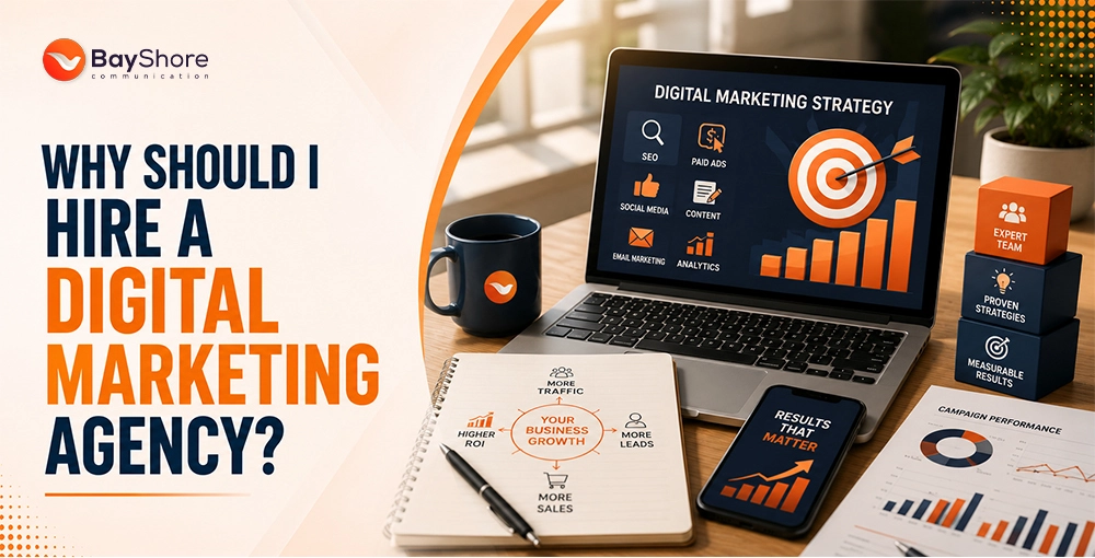 Why Should I Hire a Digital Marketing Agency? Digital marketing agency graphic showing SEO, paid advertising, social media, content marketing, analytics dashboard, business growth metrics, and campaign performance reports.
