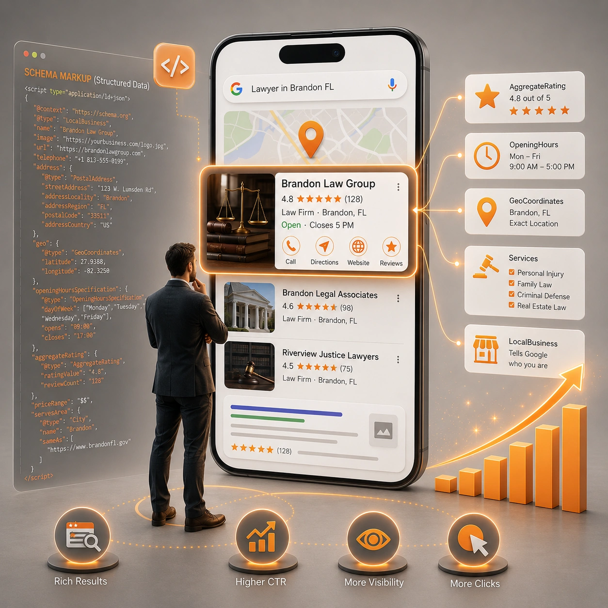 Schema Markup & Structured Data Rich Results Brandon FL Schema markup structured data rich results code visualization for search engines.