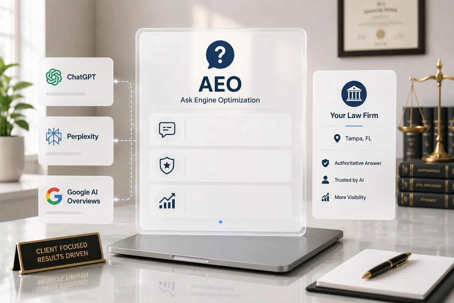 Ask Engine Optimization dashboard showing a law firm's visibility across ChatGPT, Perplexity, and Google AI Overviews.