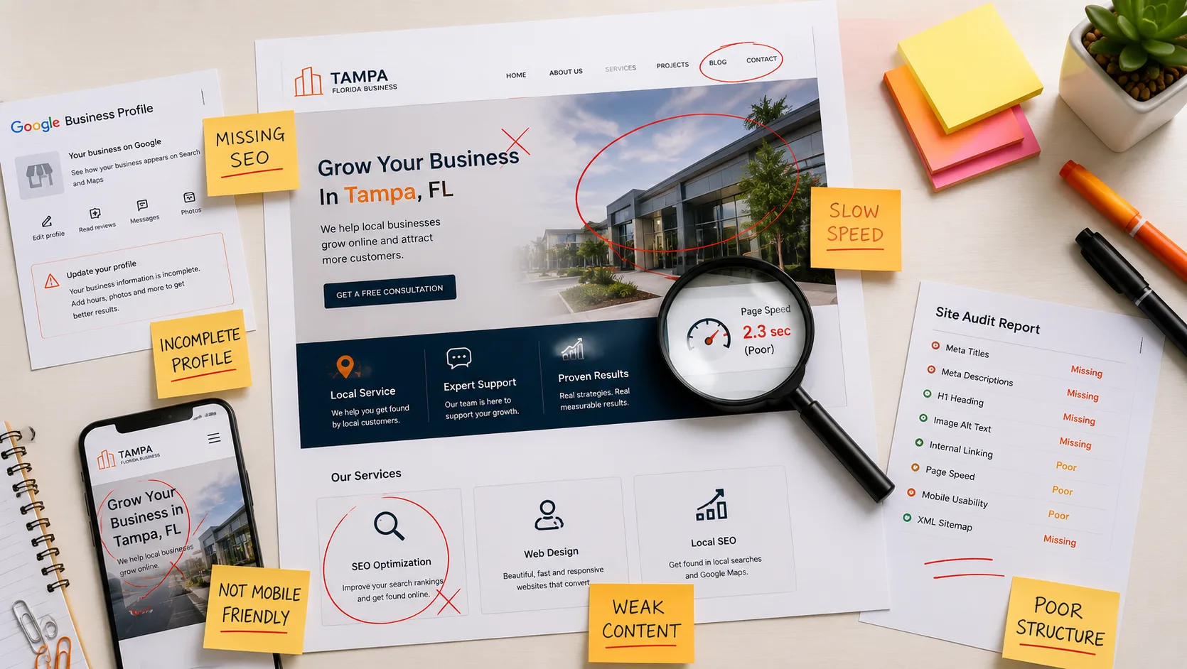 SEO audit highlighting common website optimization mistakes affecting Tampa, Florida businesses, including slow speed and missing SEO elements.