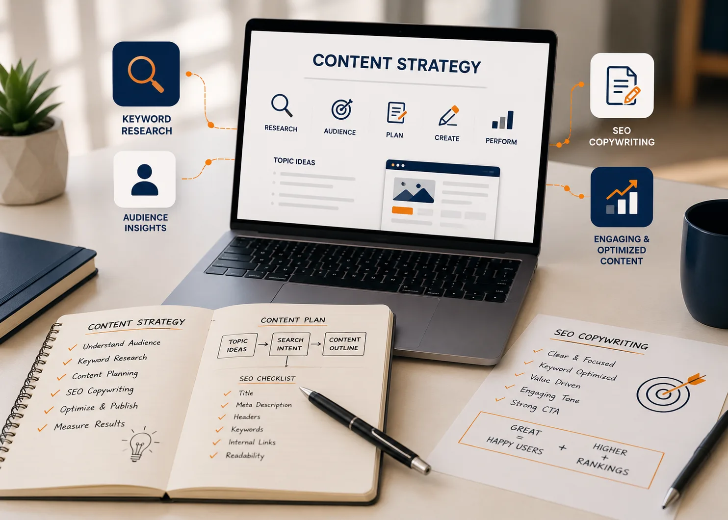 Content strategy and SEO copywriting workflow showing keyword research, audience insights, content planning, and optimized content creation.