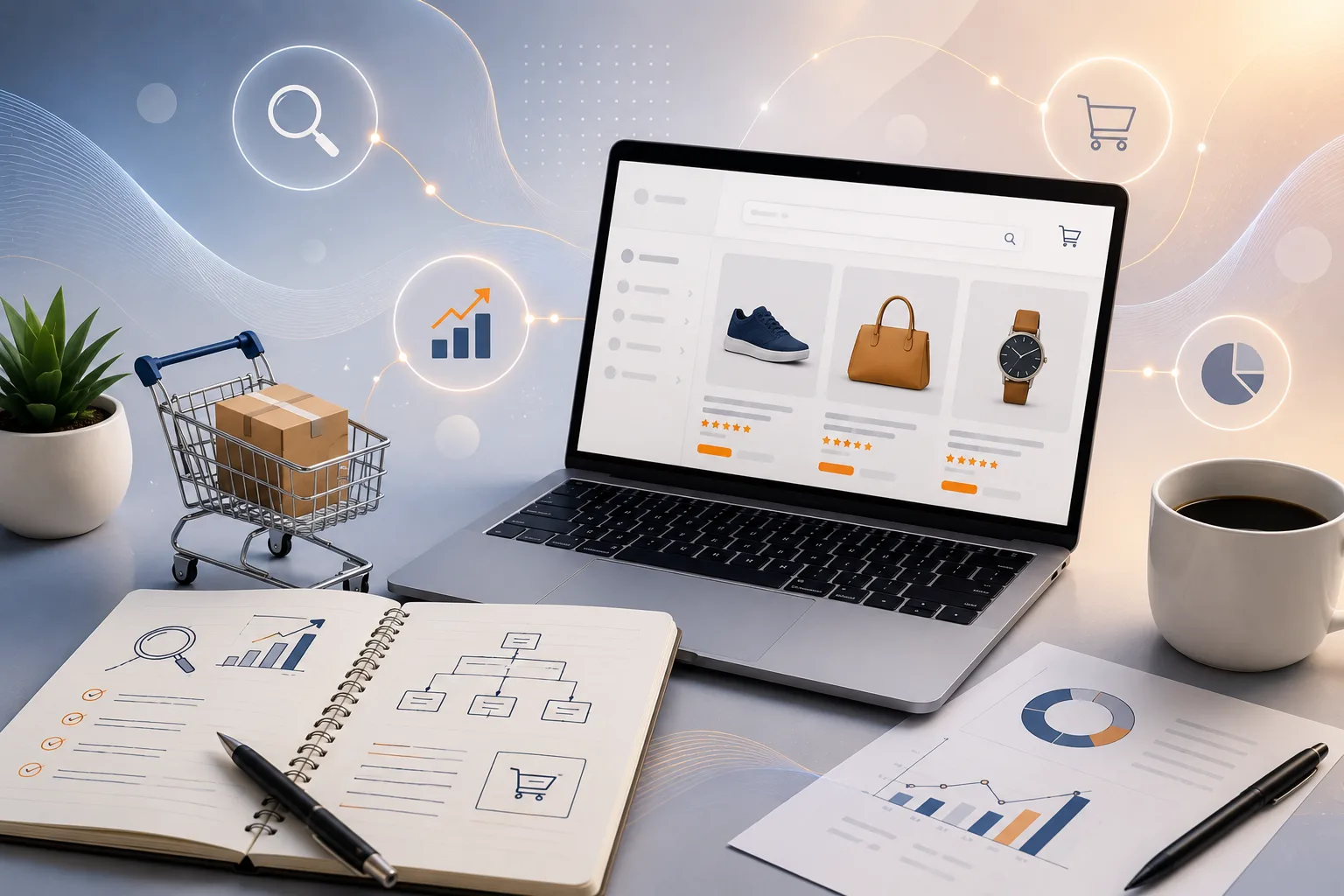 E-commerce SEO dashboard showing product optimization, keyword research, search visibility, and online store performance analytics.
