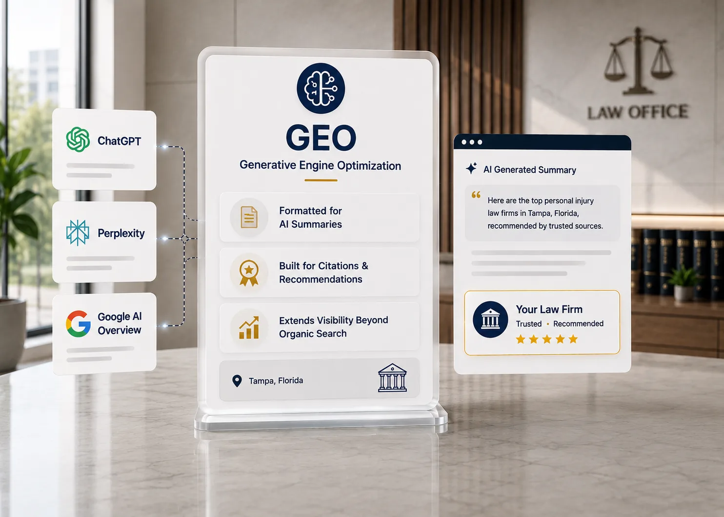 Generative Engine Optimization dashboard showing a law firm's visibility across ChatGPT, Perplexity, and Google AI Overviews.