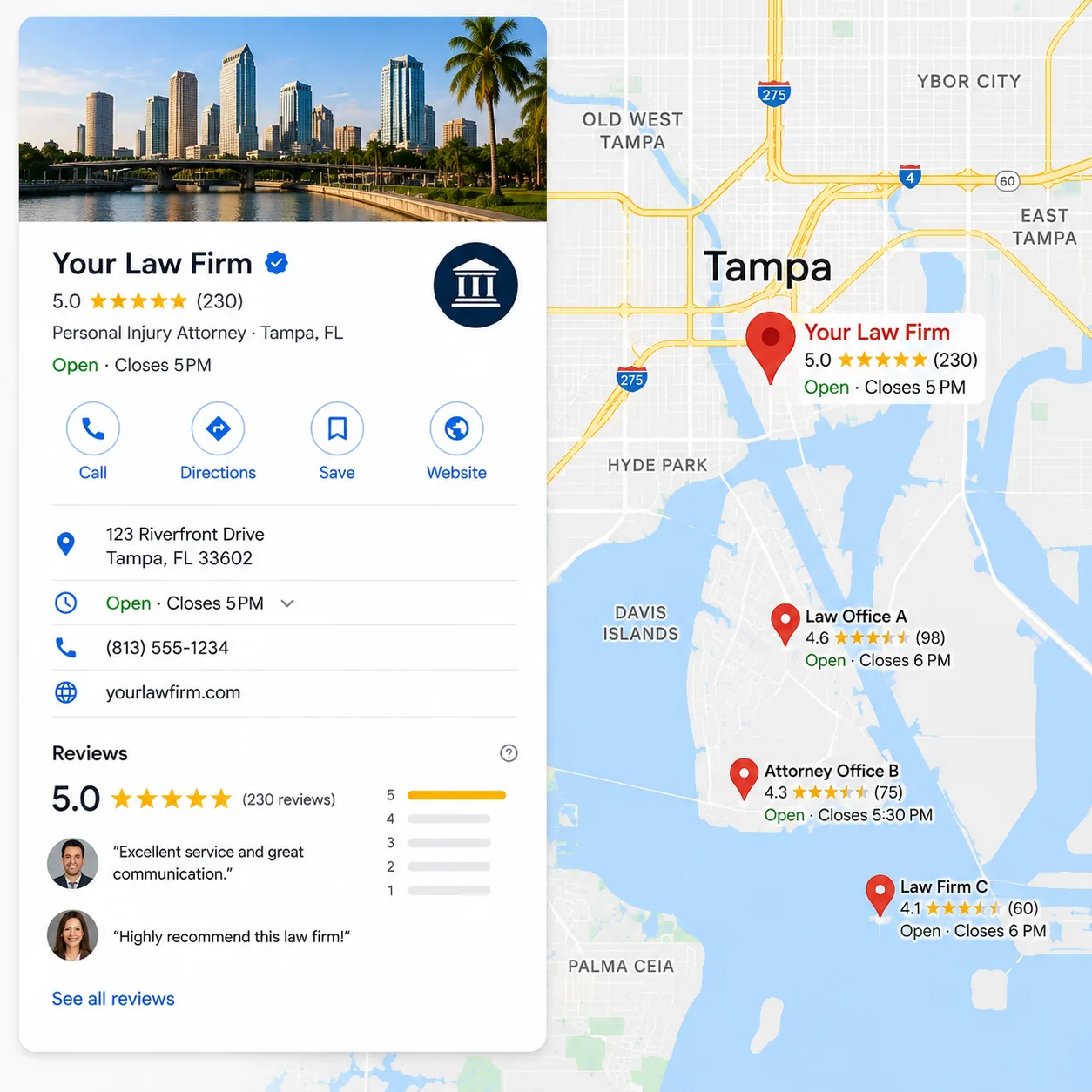 Google Business Profile and Google Maps listing showing a law firm with top local rankings, reviews, and prominent map visibility.
