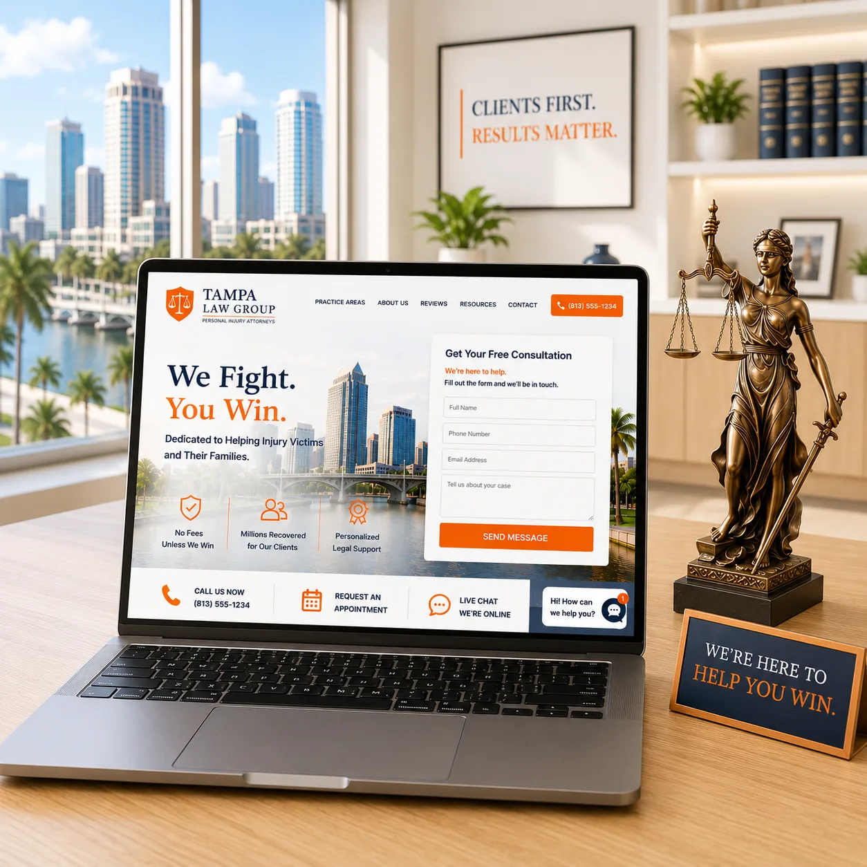 Professional law firm website with consultation form, live chat, and contact options designed to generate qualified client inquiries.