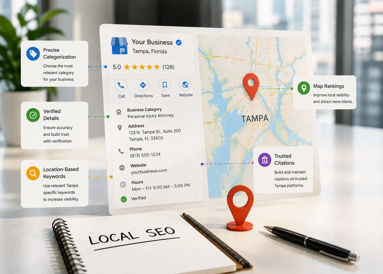 Local SEO dashboard showing an optimized Google Business Profile, verified business details, citations, map rankings, and location-based SEO.