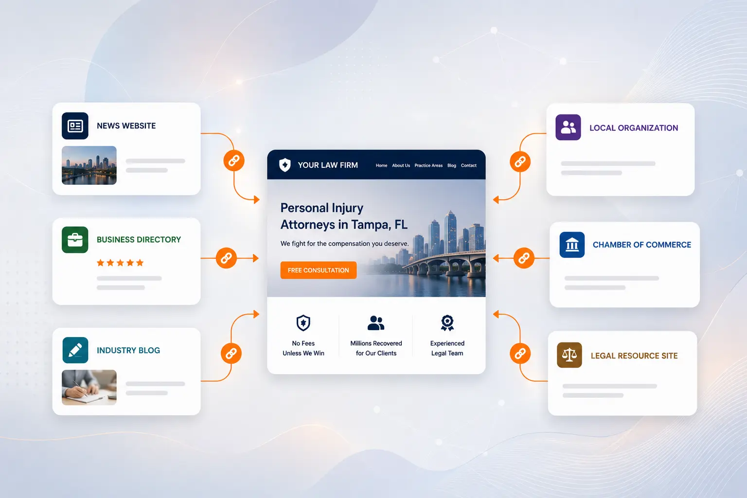 Off-page SEO and link building strategy showing quality backlinks from trusted websites, legal directories, and local organizations for a law firm.