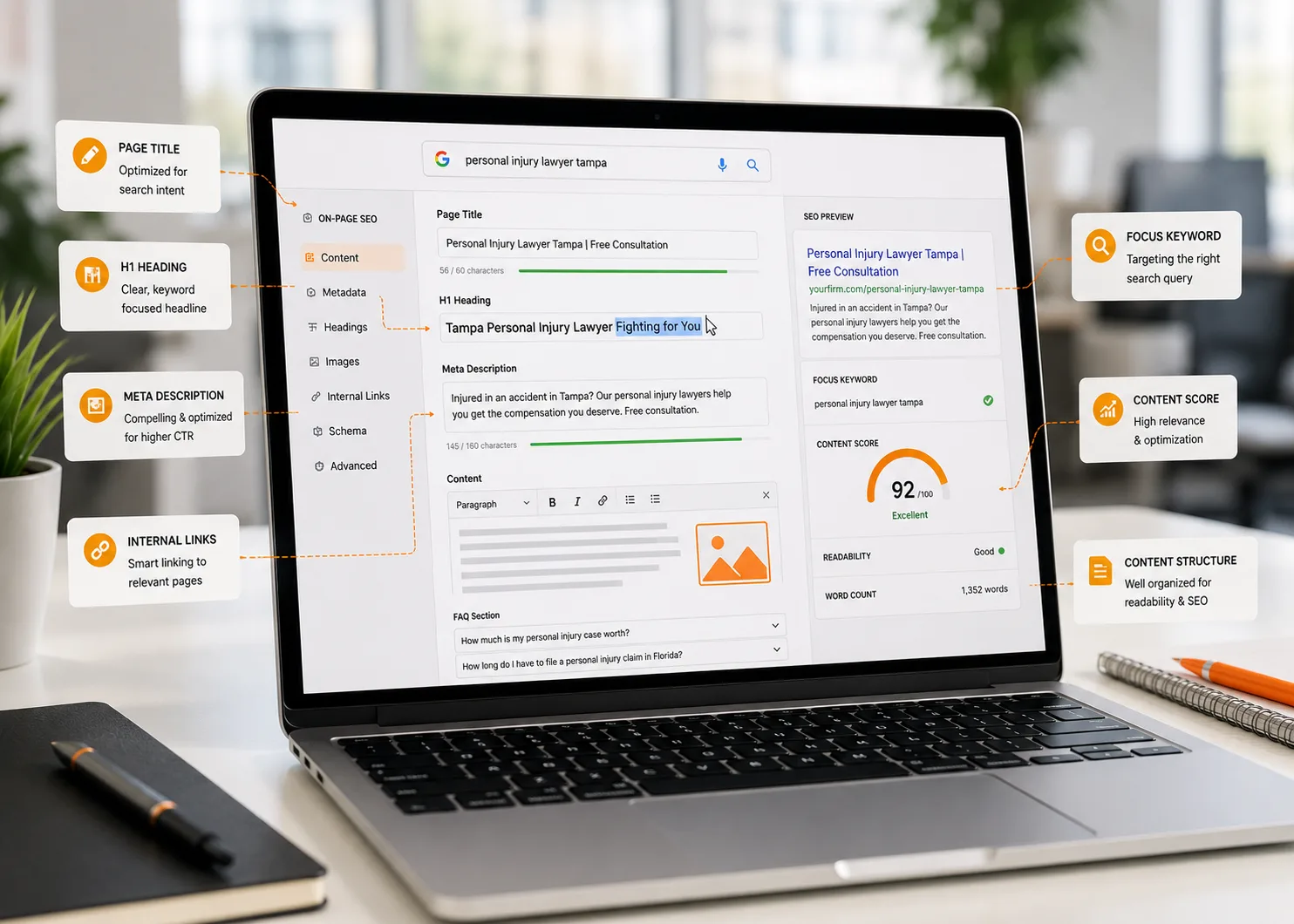 On-page SEO optimization dashboard for a law firm showing page title, meta description, H1 heading, internal links, and content optimization.