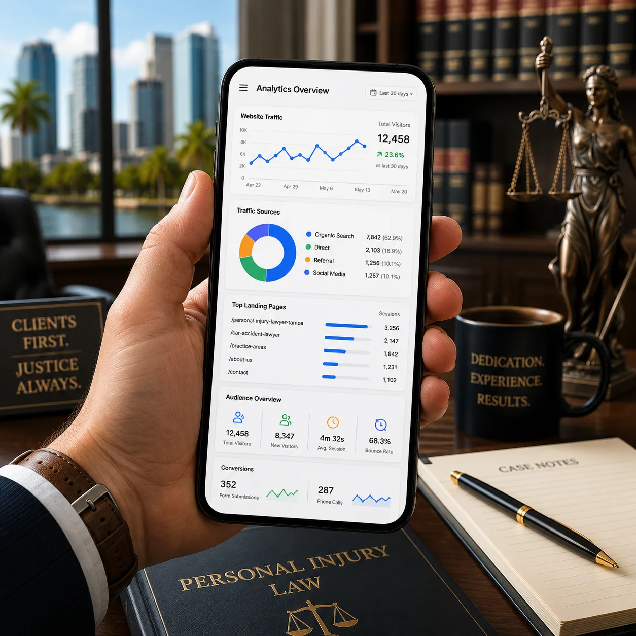Mobile SEO analytics dashboard showing website traffic, organic search, landing pages, audience insights, and conversion tracking for a law firm.