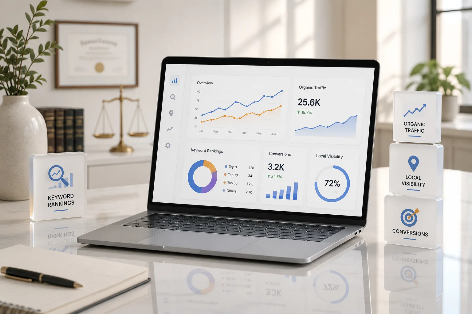 SEO reporting dashboard displaying keyword rankings, organic traffic, local visibility, conversions, and website performance analytics.