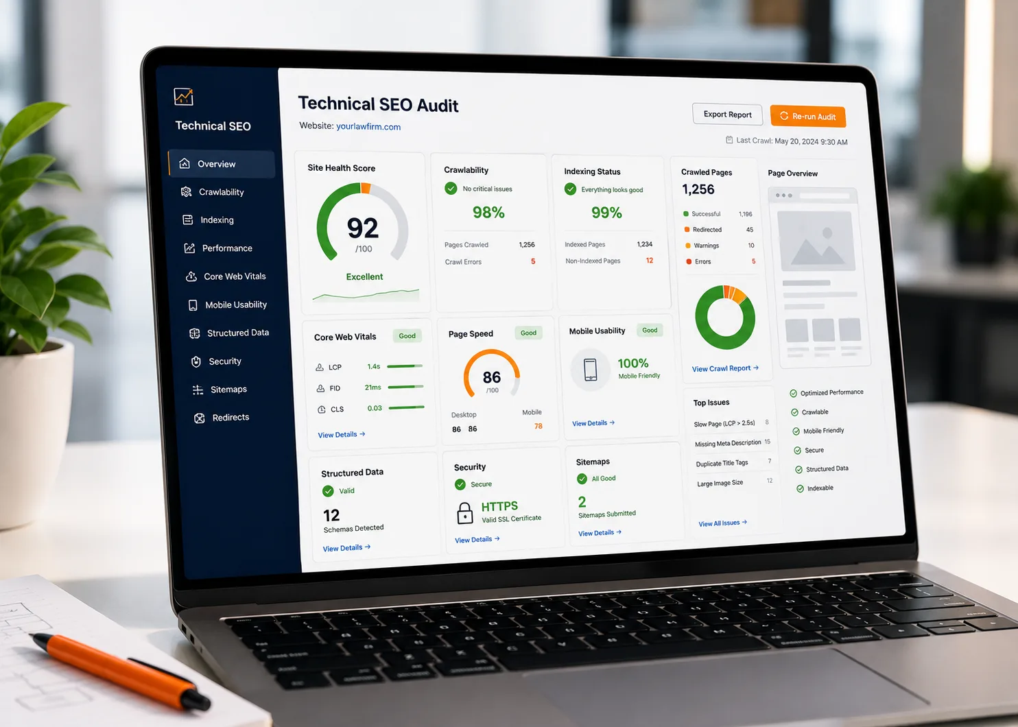 Technical SEO dashboard displaying website health, crawlability, Core Web Vitals, page speed, indexing, and security metrics.