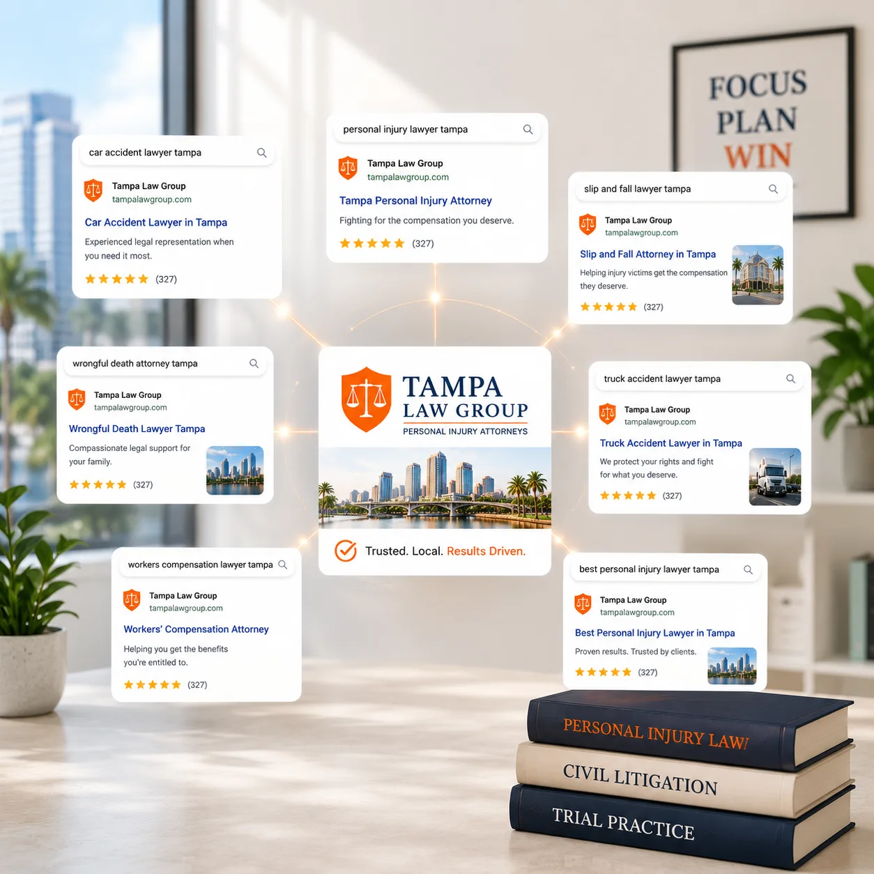 Smartphone displaying a Google search result for a personal injury law firm in Tampa, highlighting local search visibility, business profile, map listing, and contact options.