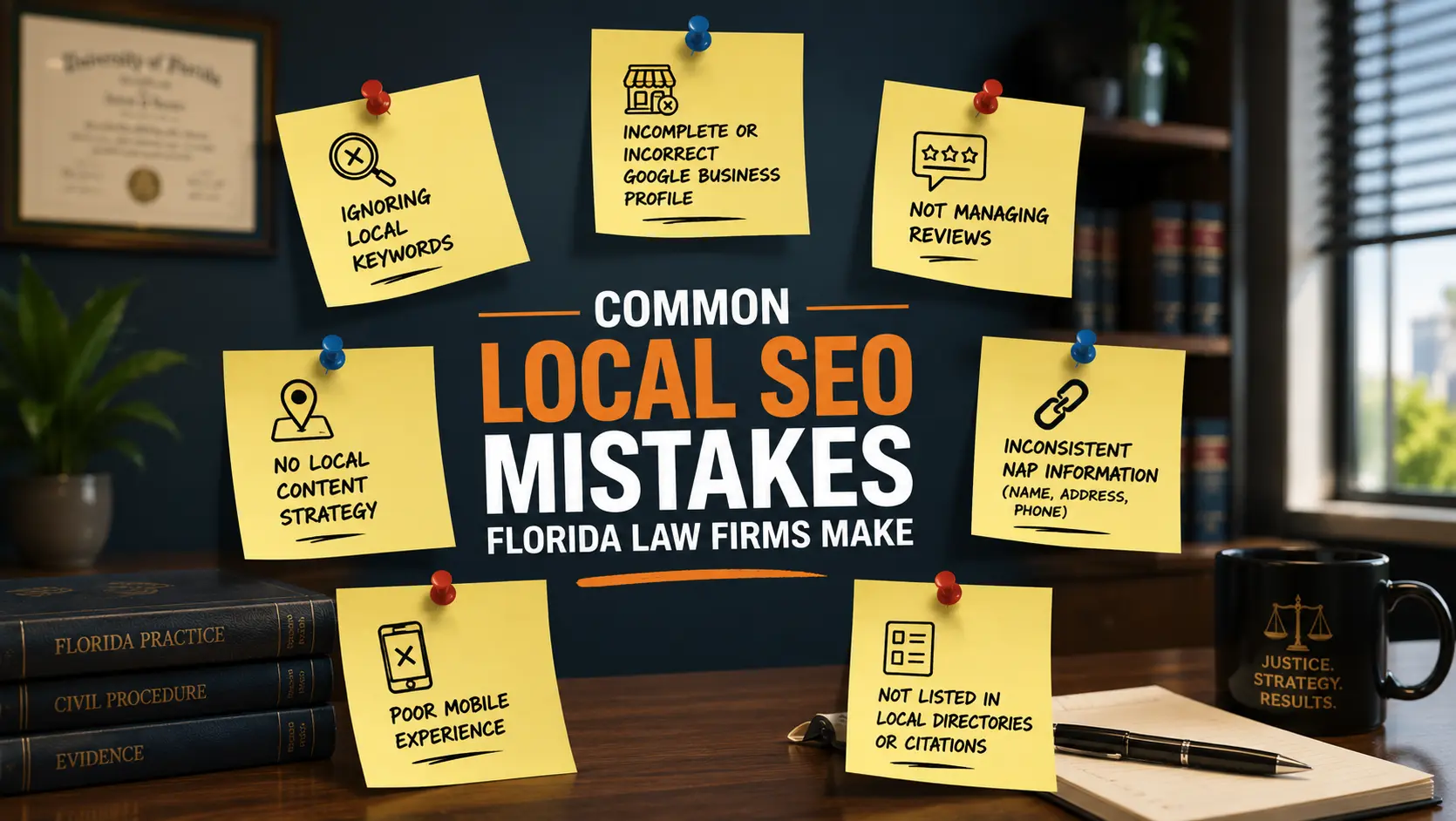 Infographic showing common local SEO mistakes including poor citations, weak content, inconsistent NAP, and review management.