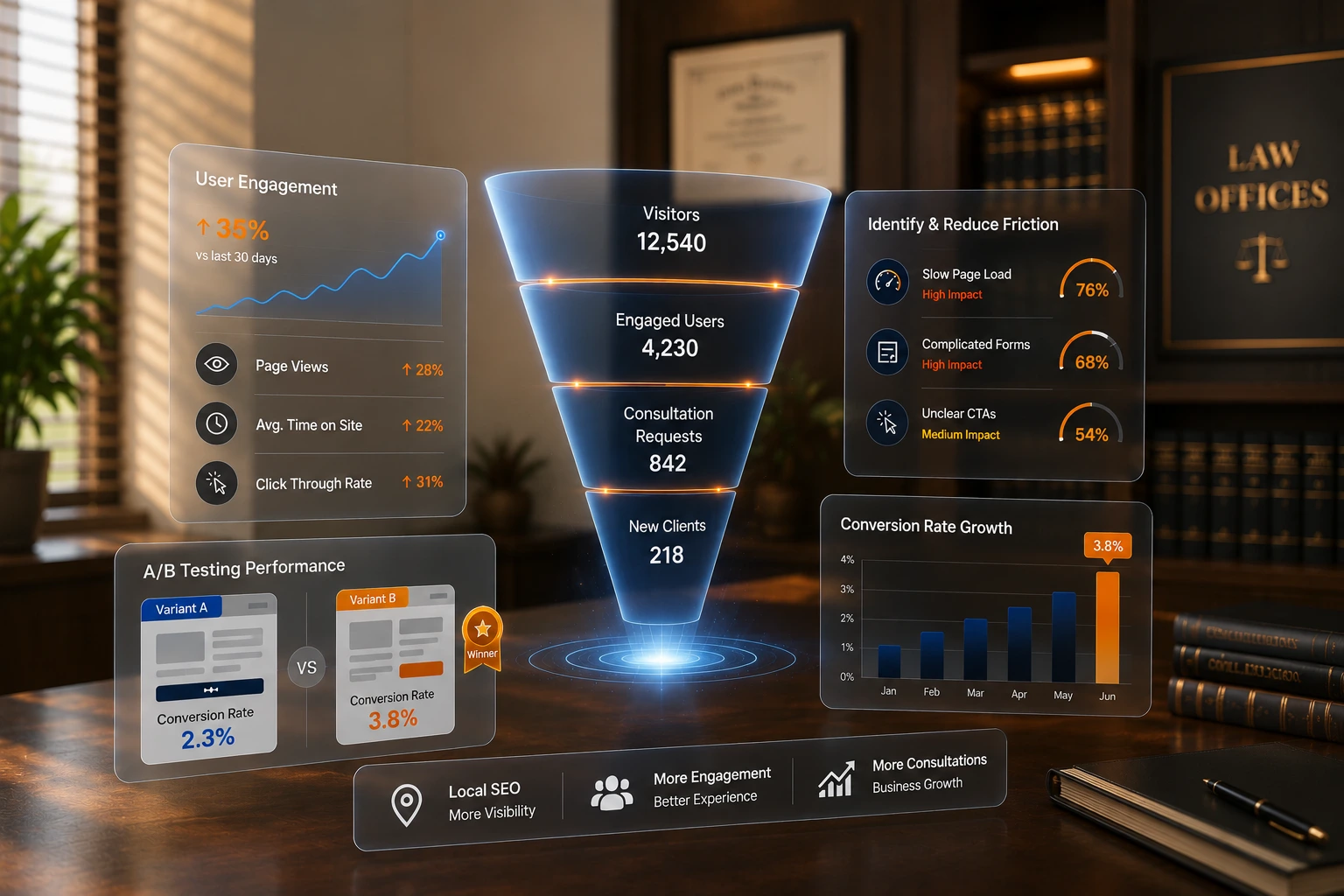 Conversion rate optimization dashboard displaying user engagement, funnels, A/B testing, and website performance metrics.