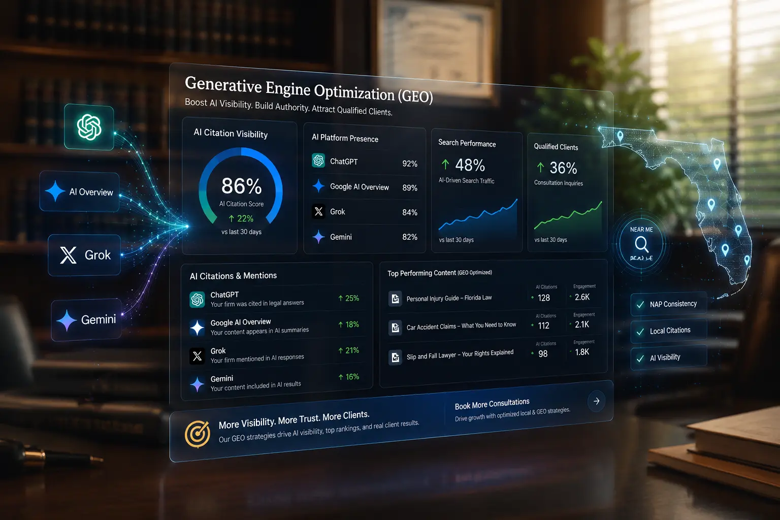 Generative Engine Optimization dashboard showing AI visibility, citations, search performance, and local SEO metrics for law firms.