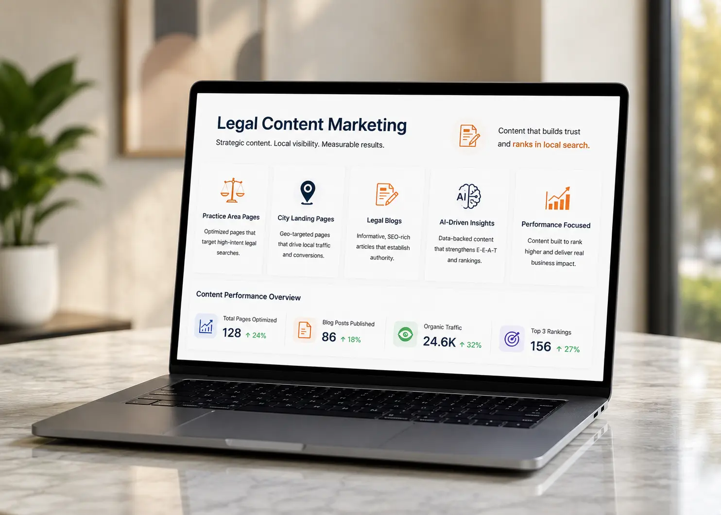 Legal content marketing dashboard featuring blogs, practice area pages, city pages, and SEO performance metrics.