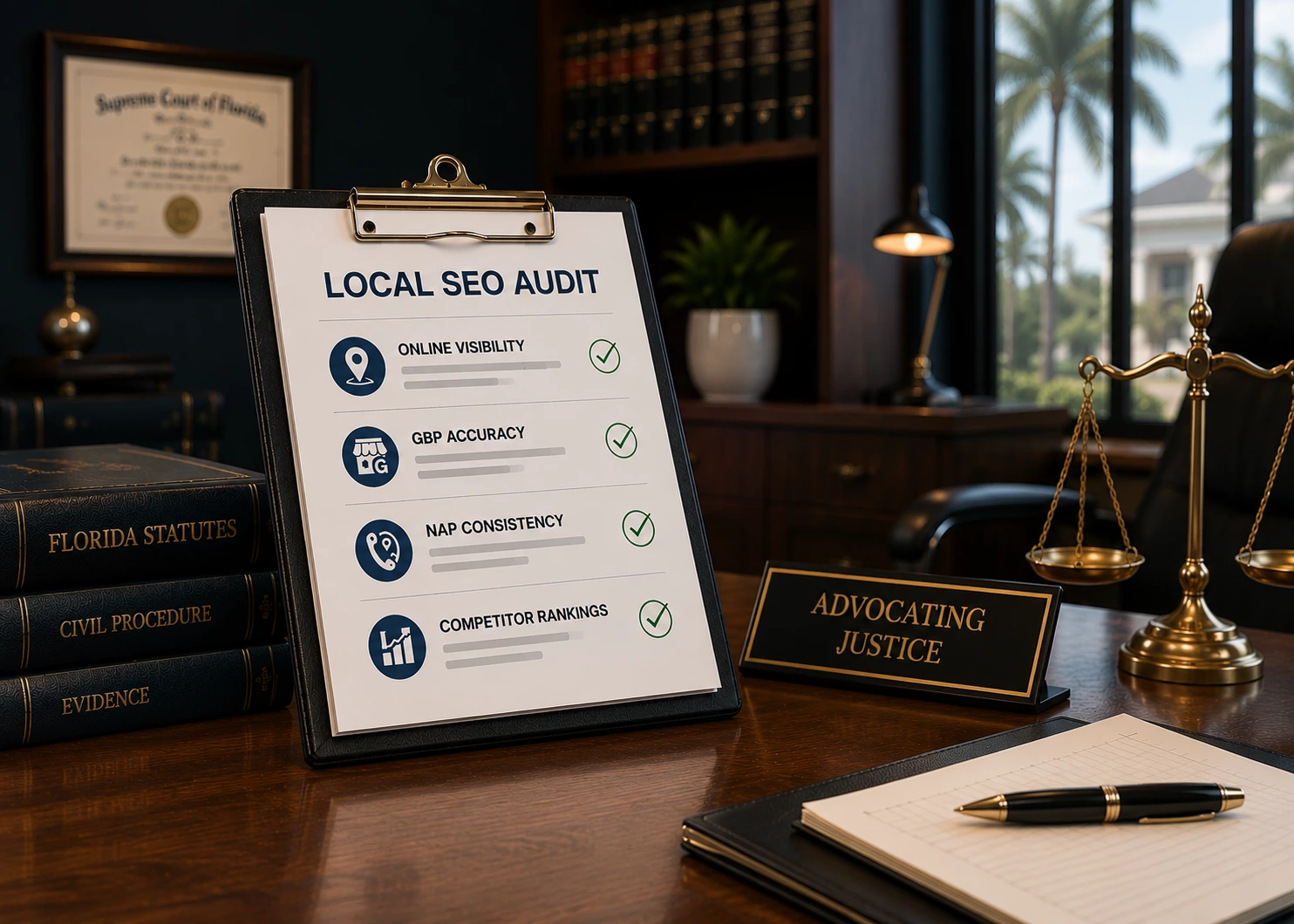 Local SEO audit checklist highlighting online visibility, Google Business Profile accuracy, NAP consistency, and competitor analysis.
