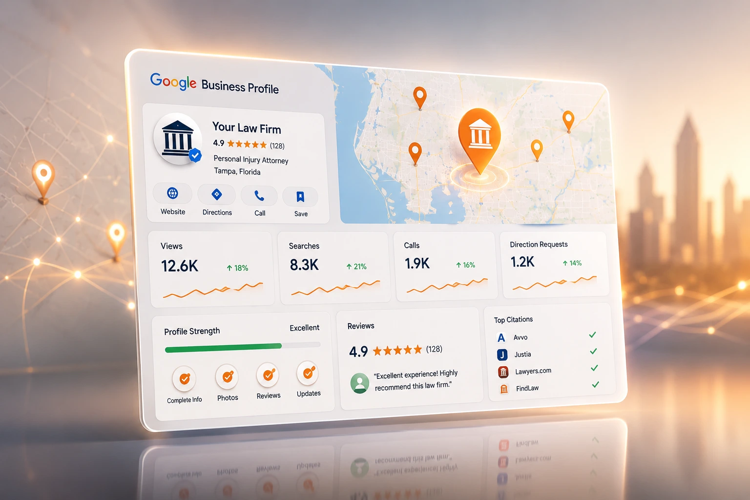 Google Business Profile management dashboard showing reviews, searches, calls, directions, and local SEO performance.