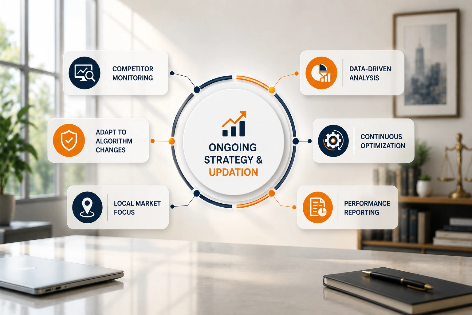 Ongoing SEO strategy diagram highlighting competitor monitoring, performance reporting, optimization, and algorithm updates.