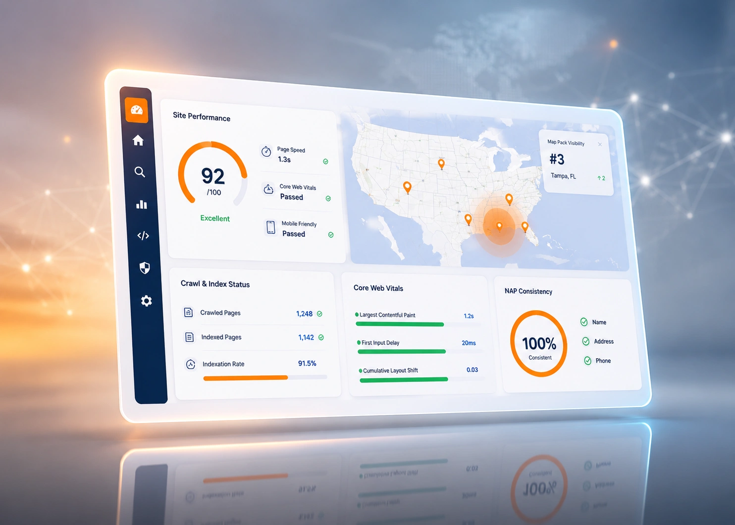Technical SEO dashboard showing Core Web Vitals, page speed, crawl status, and site performance metrics for law firms.