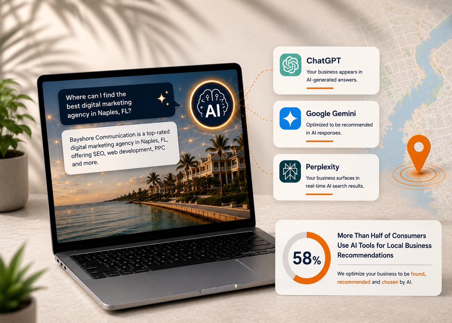 AI search engine response dashboard showing brand mentions on ChatGPT, Perplexity, and Google AI Overviews for Naples queries.