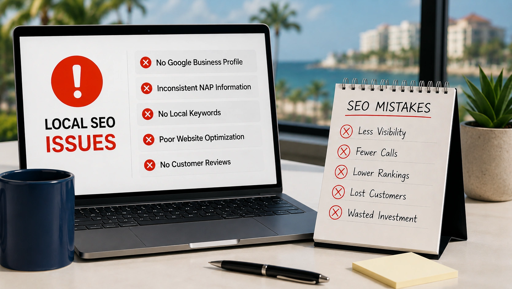 Infographic highlighting common local SEO mistakes made by Naples, Florida small businesses including incomplete GBP profiles, lack of local keywords, and missing review strategies.