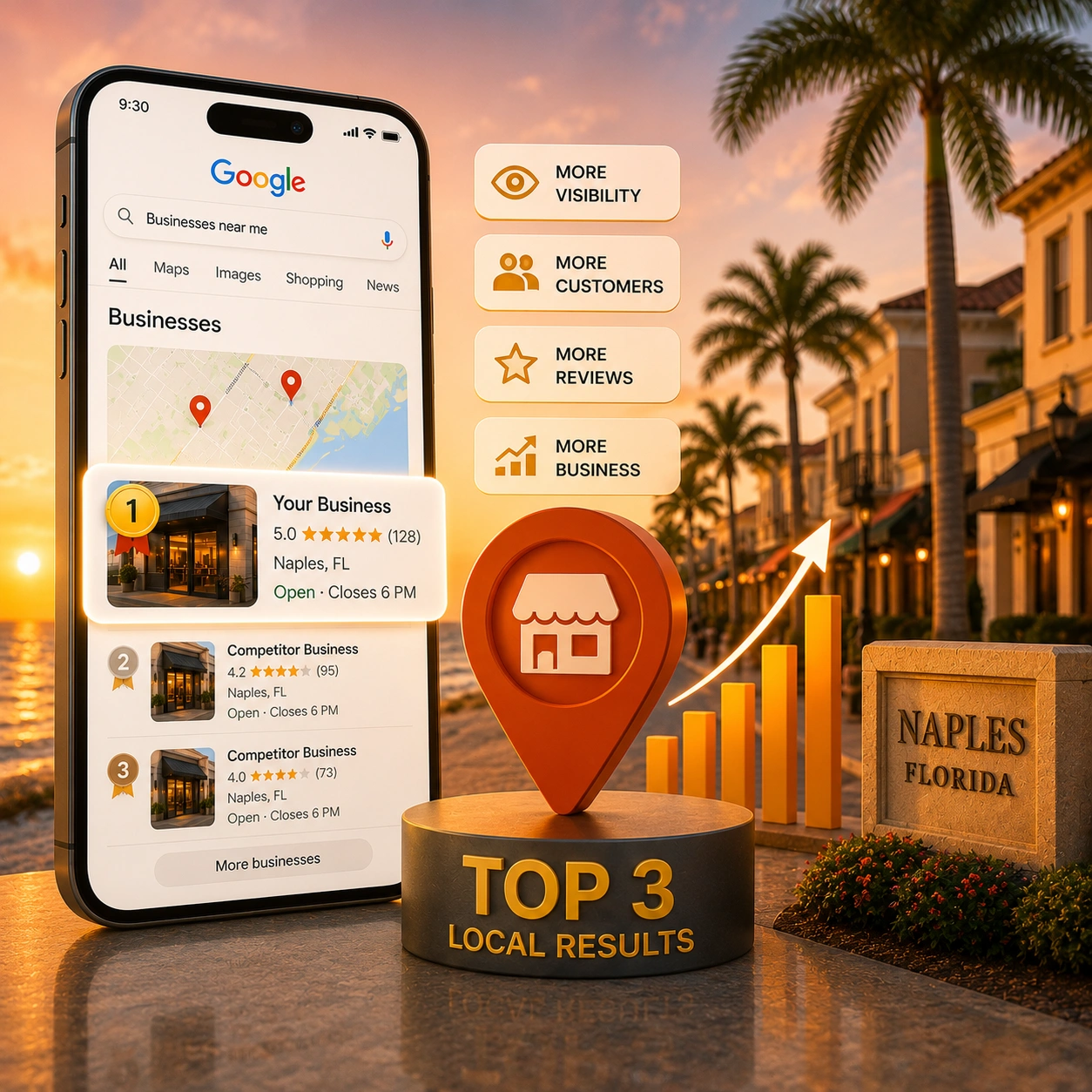Google Business Profile local map search result displaying a top-ranked Naples small business with ratings, business hours, and instant call options.