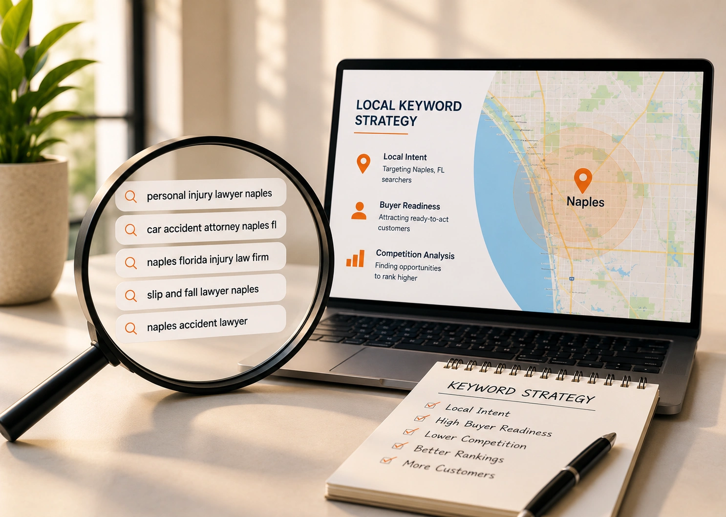 Keyword research and search intent dashboard analyzing high-value search terms for small businesses in Naples, Florida.